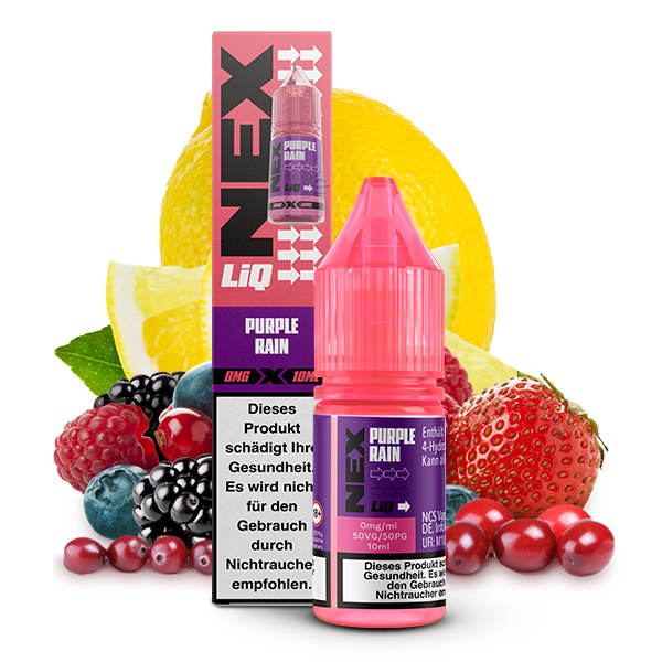 POD SALT NexLiq Purple Rain Liquid; Geschmack Schwarze Johannisbeere, Himbeere, Blaubeere; Bild des Liquid, der Verpackung und verschiedenen Früchten