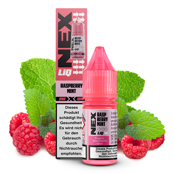 POD SALT NexLiq Raspberry Mint Liquid; Geschmack Himbeeren Minze; Bild des Liquid, der Verpackung, Blauen Himbeeren und Minzblättern