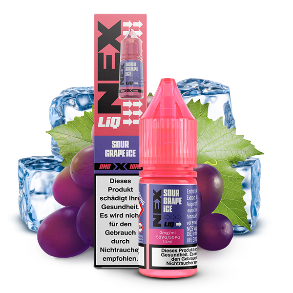POD SALT NexLiq Sour Grape Ice Liquid; Geschmack Süß-saure Trauben; Bild des Liquid, der Verpackung, Trauben und Eiswürfel
