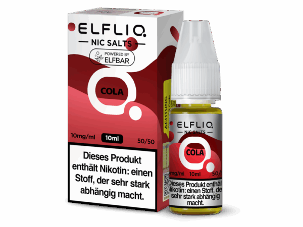Elfbar Elfliq Cola 10mg Liquid; Bild der Flasche und Verpackung; Geschmack Cola