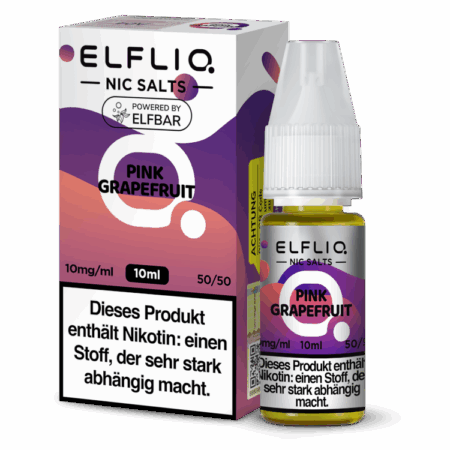 Elfbar Elfliq Pink Grapefruit 10mg Liquid; Bild der Flasche und Verpackung; Geschmack Erfrischende Grapefruit
