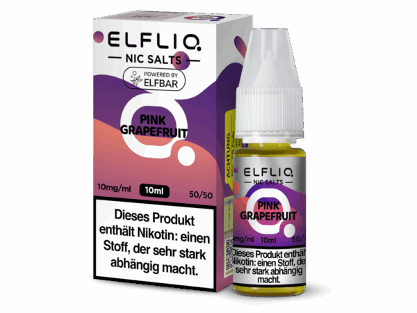 Elfbar Elfliq Pink Grapefruit 10mg Liquid; Bild der Flasche und Verpackung; Geschmack Erfrischende Grapefruit