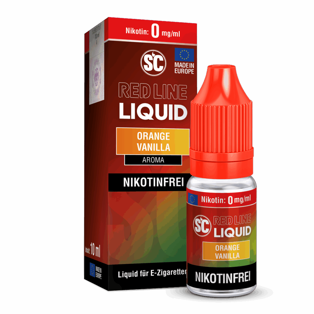 SC Red Line Orange Vanilla nikotinfreies Liquid; Bild der Verpackung und der Flasche