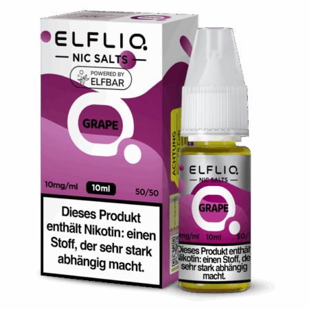 Elfbar Elfliq Grape 10mg; Bild der Flasche und der Verpackung