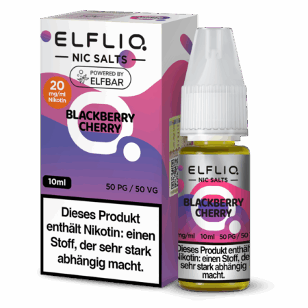 Elfbar Elfliq Blackberry Cherry 20mg Liquid; Bild der Flasche und Verpackung; Geschmack Brombeere und Kirsch