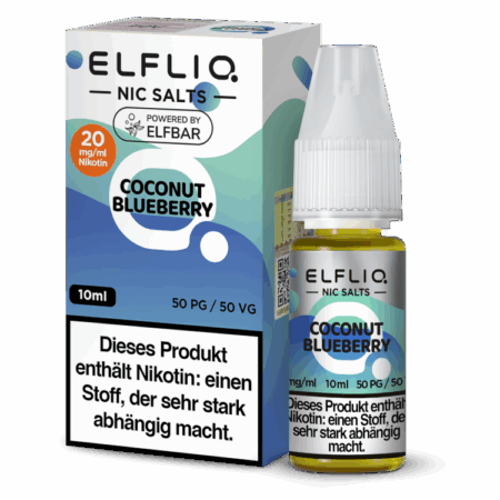 Elfbar Elfliq Coconut Blueberry 20mg Liquid; Bild der Flasche und Verpackung; Geschmack Kokosnuss mit Blaubeere