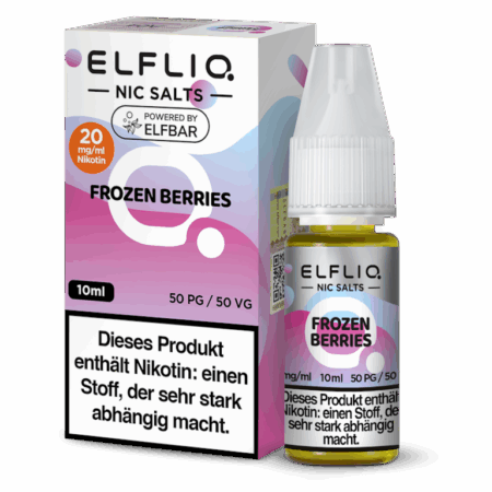 Elfbar Elfliq Frozen Berries 20mg Liquid; Bild der Flasche und Verpackung; Geschmack Waldbeeren mit Kühle