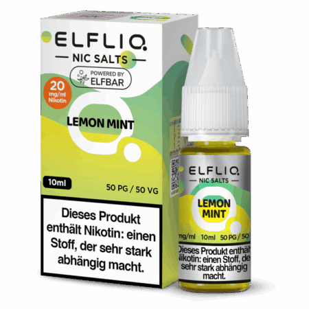 Elfbar Elfliq Lemon Mint 20mg Liquid; Bild der Flasche und Verpackung; Geschmack Limone und Minze