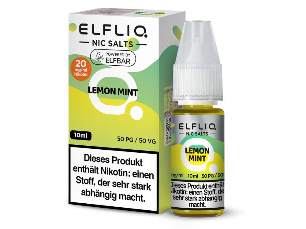 Elfbar Elfliq Lemon Mint 20mg Liquid; Bild der Flasche und Verpackung; Geschmack Limone und Minze