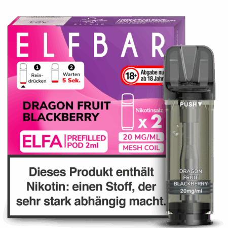 Elfbar Elfa Dragon Fruit Blackberry, Drachenfrucht und Brombeeren Geschmack, Bild des Pods und der Verpackung