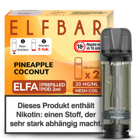 Elfbar Elfa Pineapple Coconut Pods 20mg; Bild der Verpackung und Flasche; Geschmack Ananas und Kokos