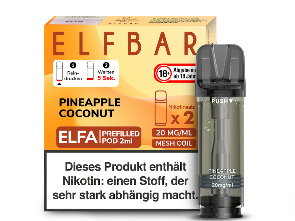 Elfbar Elfa Pineapple Coconut Pods 20mg; Bild der Verpackung und Flasche; Geschmack Ananas und Kokos