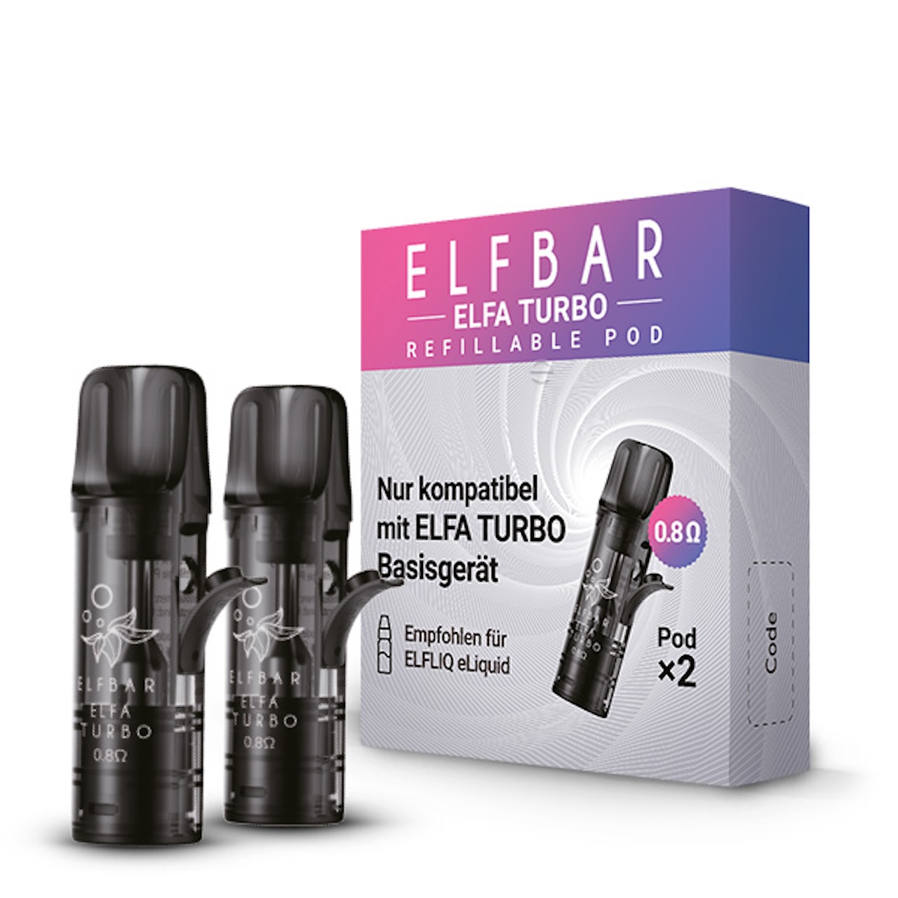 Elfbar Elfa Turbo Pods 0.8 Ohm; Bild der Pods und der Verpackung