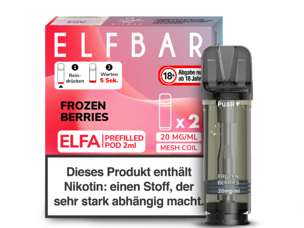 Elfbar Elfa Frozen Berries Pods; Bild der Verpackung und des Pods