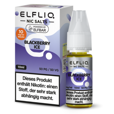 Elfbar Elfliq Blackberry Ice Liquid 10mg; Bild der Verpackung und Flasche; Geschmack Brombeere und Ice