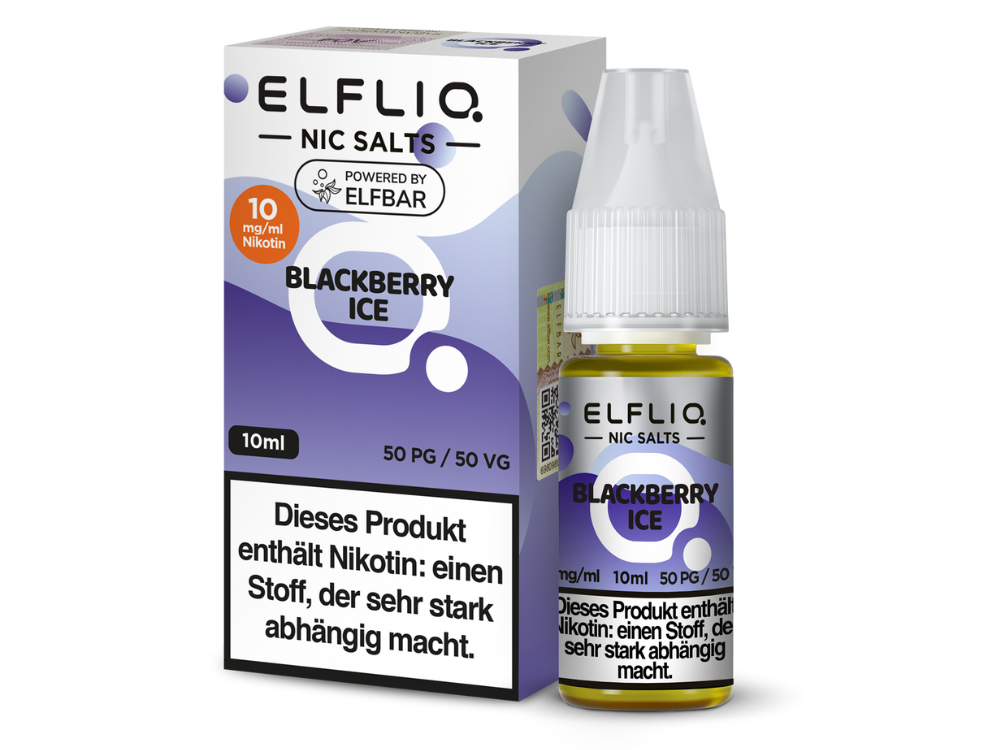 Elfbar Elfliq Blackberry Ice Liquid 10mg; Bild der Verpackung und Flasche; Geschmack Brombeere und Ice