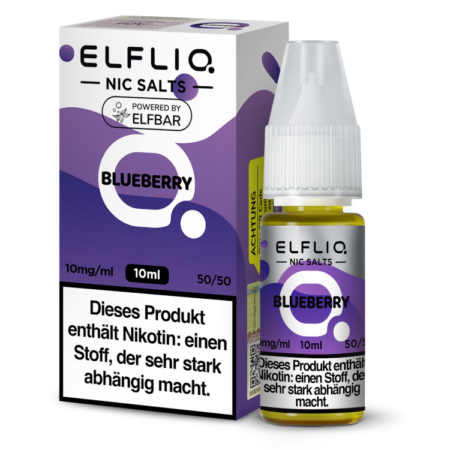 Elfbar Elfliq Blueberry Liquid 10mg; Bild der Verpackung und Flasche; Geschmack Blaubeere
