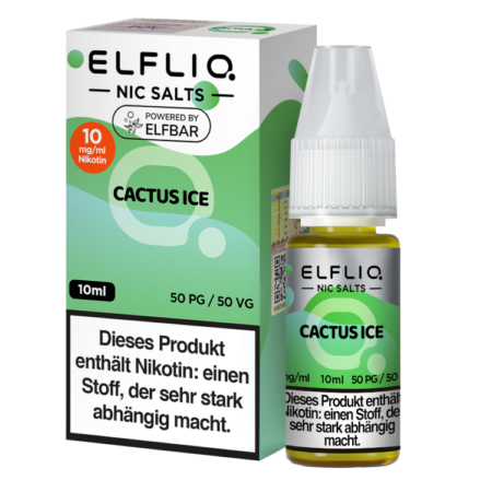 Elfbar Elfliq Cactus Ice Liquid 10mg; Bild der Verpackung und Flasche; Geschmack Kaktusfeige und Ice
