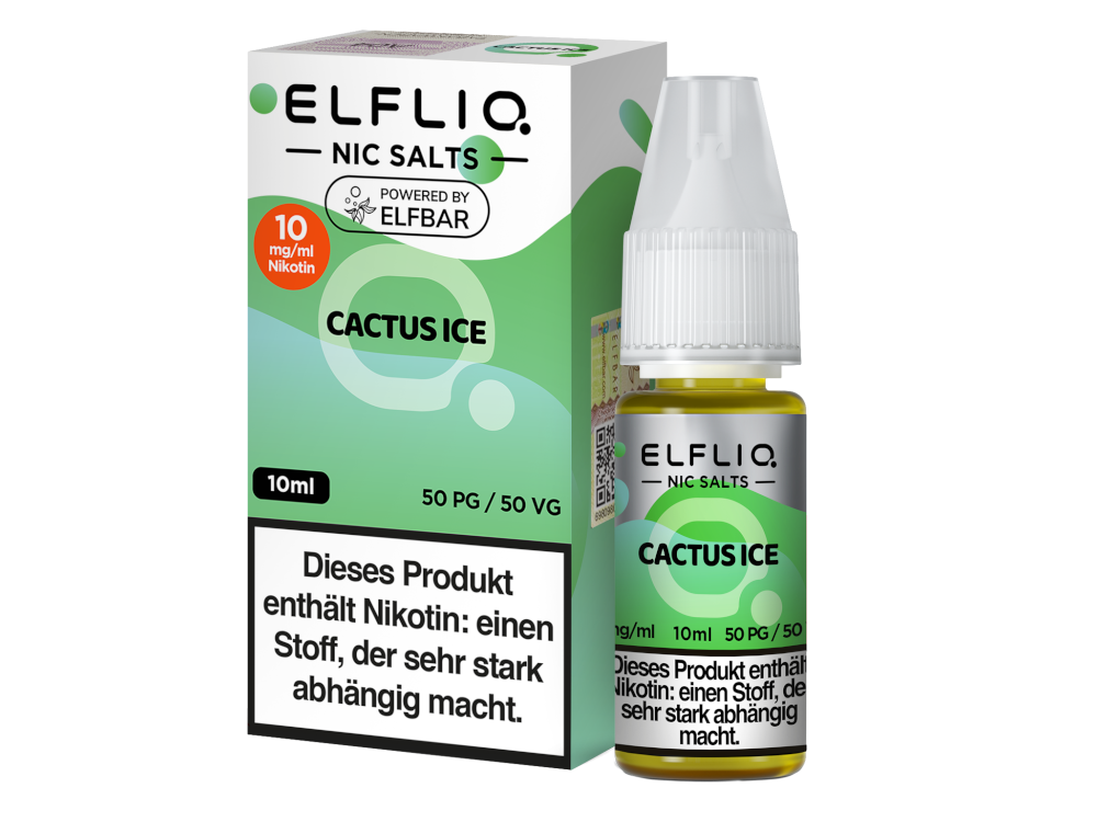Elfbar Elfliq Cactus Ice Liquid 10mg; Bild der Verpackung und Flasche; Geschmack Kaktusfeige und Ice