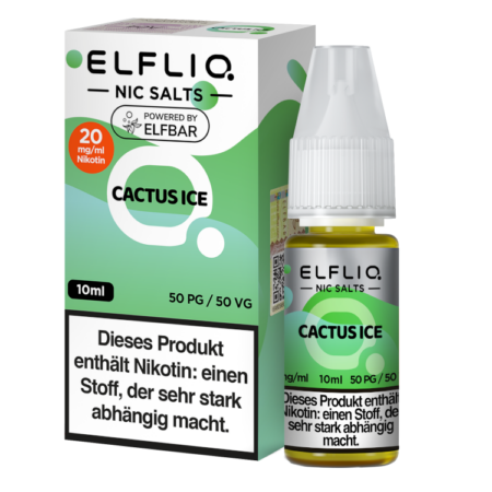 Elfbar Elfliq Cactus Ice Liquid 20mg; Bild der Verpackung und Flasche; Geschmack Kaktusfeige und Ice