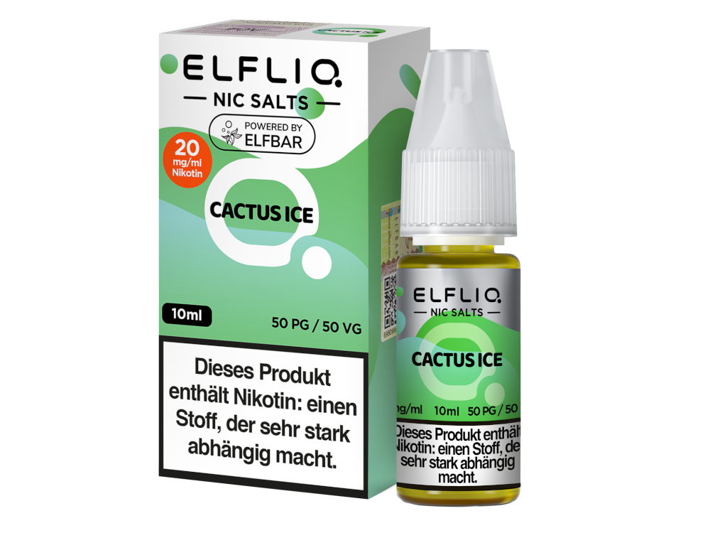 Elfbar Elfliq Cactus Ice Liquid 20mg; Bild der Verpackung und Flasche; Geschmack Kaktusfeige und Ice