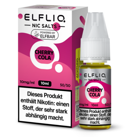 Elfbar Elfliq Cherry Cola Liquid 10mg; Bild der Verpackung und Flasche; Geschmack Kirschcola