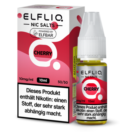Elfbar Elfliq Cherry Liquid 10mg; Bild der Verpackung und Flasche; Geschmack Kirschen