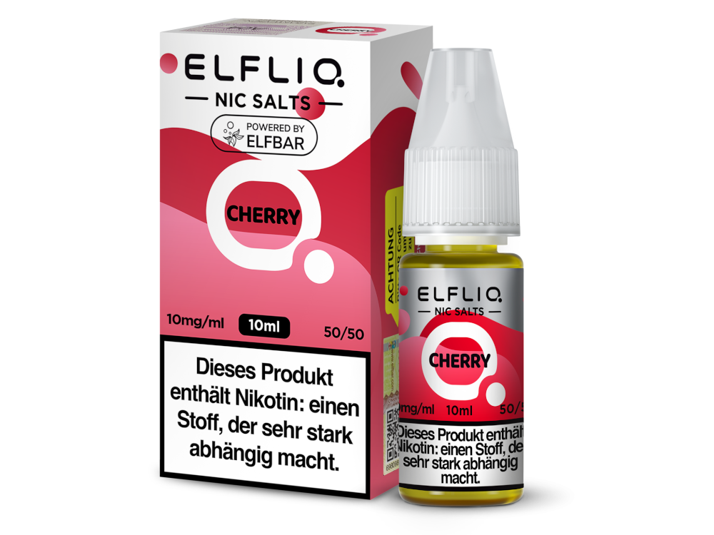 Elfbar Elfliq Cherry Liquid 10mg; Bild der Verpackung und Flasche; Geschmack Kirschen