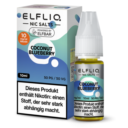 Elfbar Elfliq Coconut Blueberry Liquid 10mg; Bild der Verpackung und Flasche; Geschmack Kokosnuss und Blaubeere