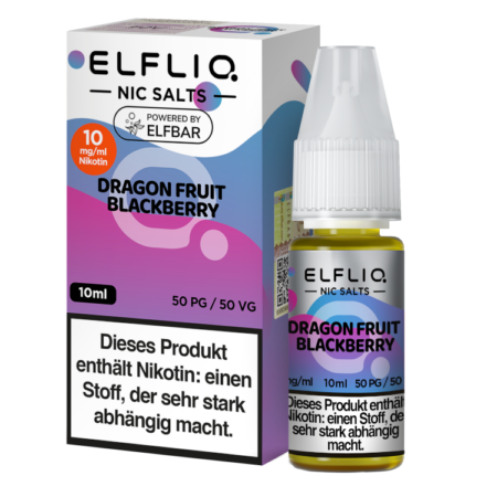 Elfbar Elfliq Dragon Fruit Blackberry Liquid 10mg; Bild der Verpackung und Flasche; Geschmack Drachenfrucht und Brombeere