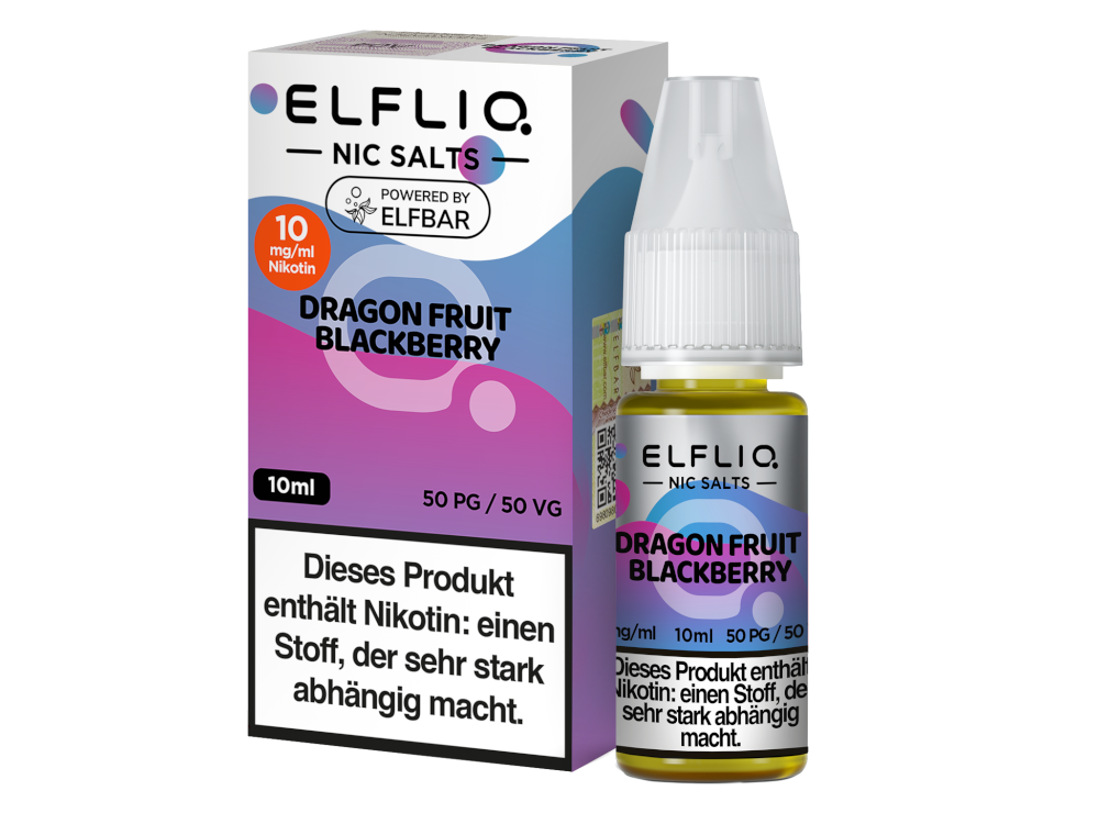 Elfbar Elfliq Dragon Fruit Blackberry Liquid 10mg; Bild der Verpackung und Flasche; Geschmack Drachenfrucht und Brombeere