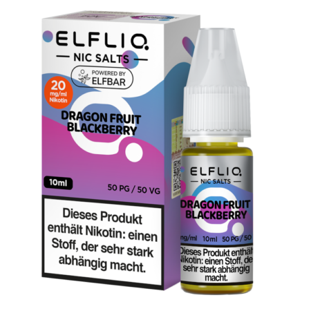 Elfbar Elfliq Dragon Fruit Blackberry Liquid 20mg; Bild der Verpackung und Flasche; Geschmack Drachenfrucht und Brombeere