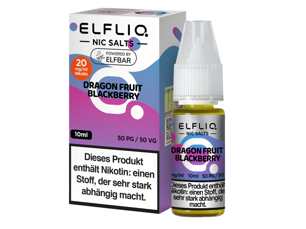 Elfbar Elfliq Dragon Fruit Blackberry Liquid 20mg; Bild der Verpackung und Flasche; Geschmack Drachenfrucht und Brombeere