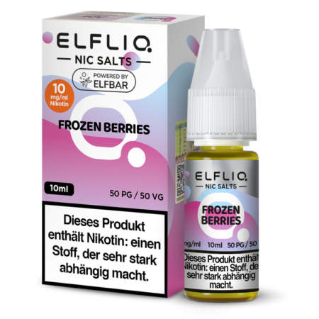 Elfbar Elfliq Frozen Berries Liquid 10mg; Bild der Verpackung und Flasche; Geschmack: Gemischte Beeren & Ice