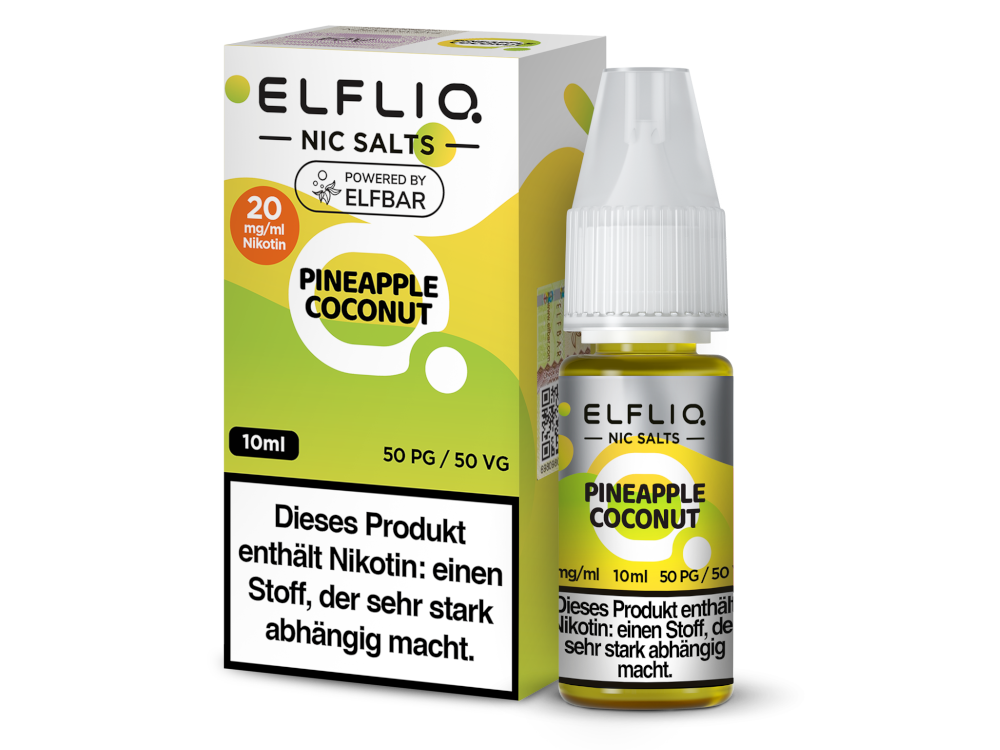 Elfbar Elfliq Pineapple Coconut Liquid 20mg; Bild der Verpackung und Flasche; Geschmack Ananas & Kokosnuss