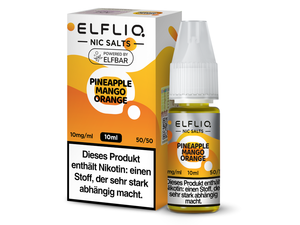Elfbar Elfliq Pineapple Mango Orange Liquid 10mg; Bild der Verpackung und Flasche; Geschmack: Ananas, Mango & Orange
