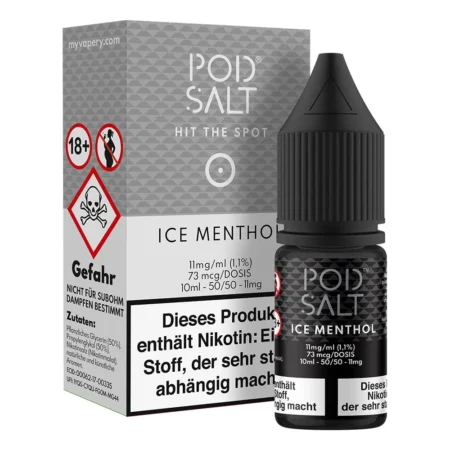 Pod Salt Ice Menthol 11mg Liquid; Bild der Flasche und Verpackung; Geschmack Eisiges Menthol