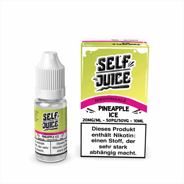 Self Juice Pineapple Ice Liquid 20mg; Bild der Flasche und Verpackung; Geschmack: Saftige Ananas und Ice