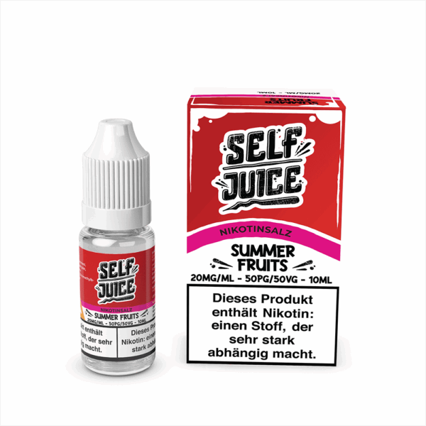Self Juice Summer Fruits Liquid; Bild der Flasche und Verpackung; Geschmack: Apfel, schwarze Johannisbeere & Erdbeere