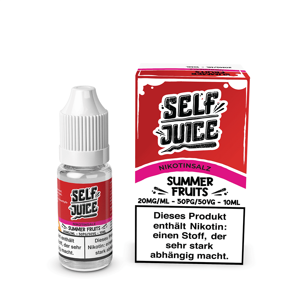 Self Juice Summer Fruits Liquid; Bild der Flasche und Verpackung; Geschmack: Apfel, schwarze Johannisbeere & Erdbeere