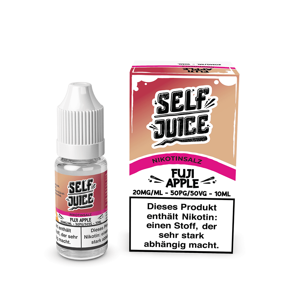 Self Juice Fuji Apple Liquid 20mg; Bild der Flasche und Verpackung; Geschmack: Fuji Apfel mit kühler Note