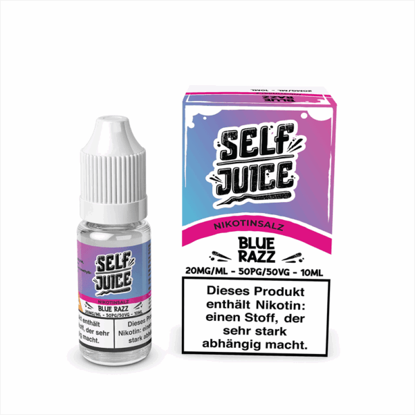 Self Juice Blue Razz Liquid; Bild der Flasche und Verpackung; Geschmack: Blaue Himbeere