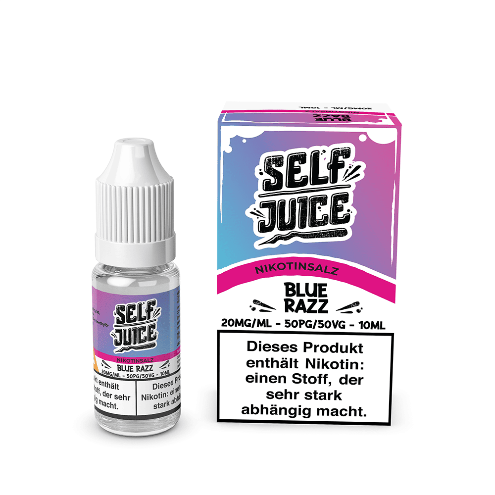 Self Juice Blue Razz Liquid; Bild der Flasche und Verpackung; Geschmack: Blaue Himbeere