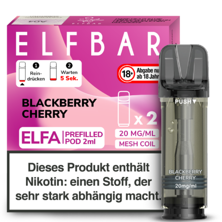 Elfbar Elfa Blackberry Cherry 20mg; Bild der Verpackung und eines Pods