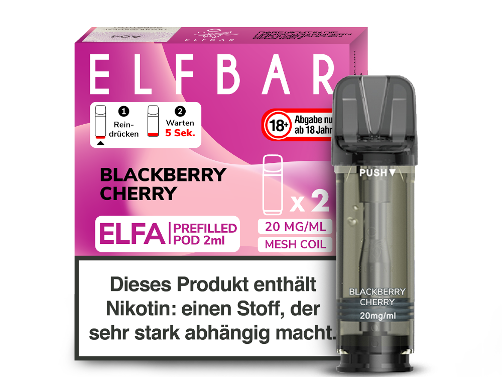 Elfbar Elfa Blackberry Cherry 20mg; Bild der Verpackung und eines Pods