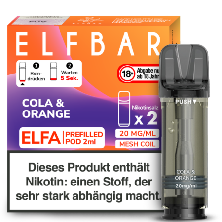 Elfbar Elfa Cola & Orange; Bild der Verpackung und des Pods; Geschmack Cola und Orange