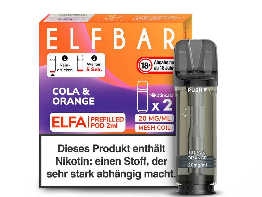 Elfbar Elfa Cola & Orange; Bild der Verpackung und des Pods; Geschmack Cola und Orange