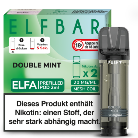 Elfbar Elfa Double Mint; Bild der Verpackung und des Pods; Geschmack Doppelte Minze mit Cooling-Effekt