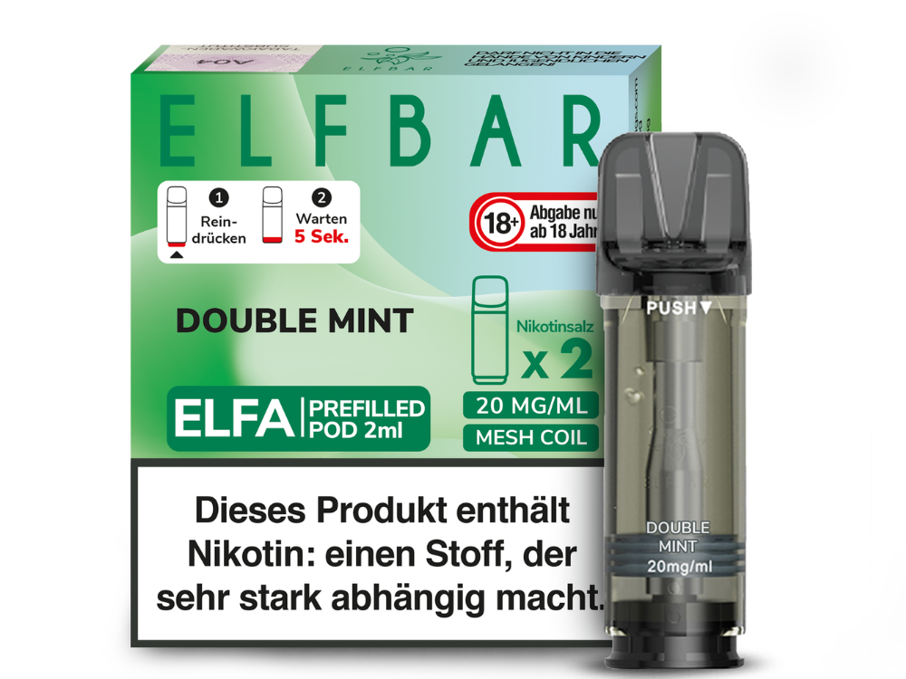 Elfbar Elfa Double Mint; Bild der Verpackung und des Pods; Geschmack Doppelte Minze mit Cooling-Effekt