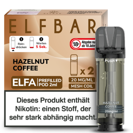 Elfbar Elfa Hazelnut Coffee; Bild der Verpackung und des Pods; Geschmack Haselnuss und Kaffee